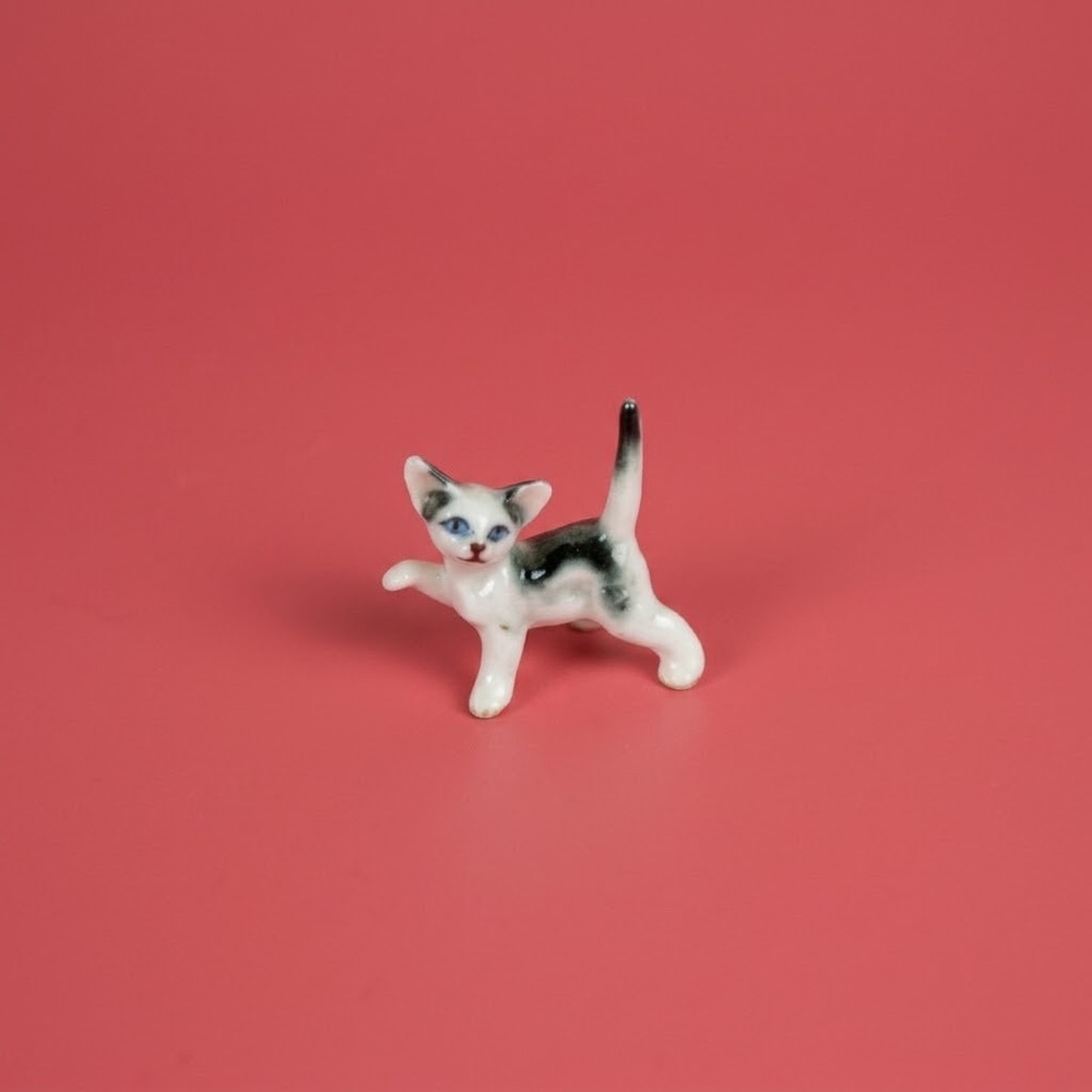 Miniature Porcelain Cat Figurine Hand Painted Tiny Black White Spotted Kitten